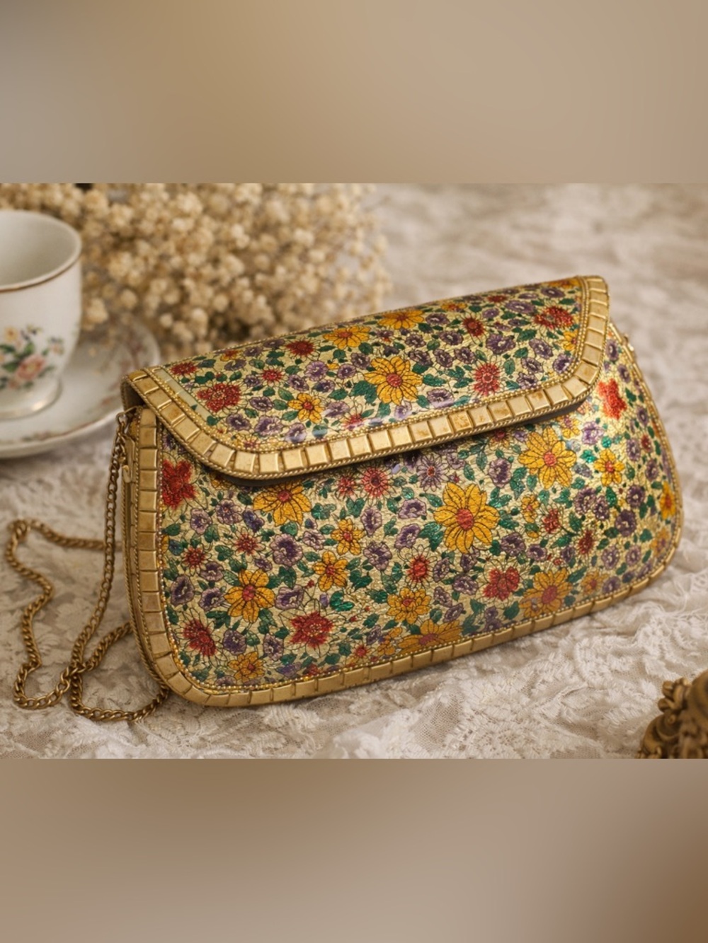 Vintage Antik Kraft Floral Clutch Gold Tone Chain Strap Evening Bag Good Shape!